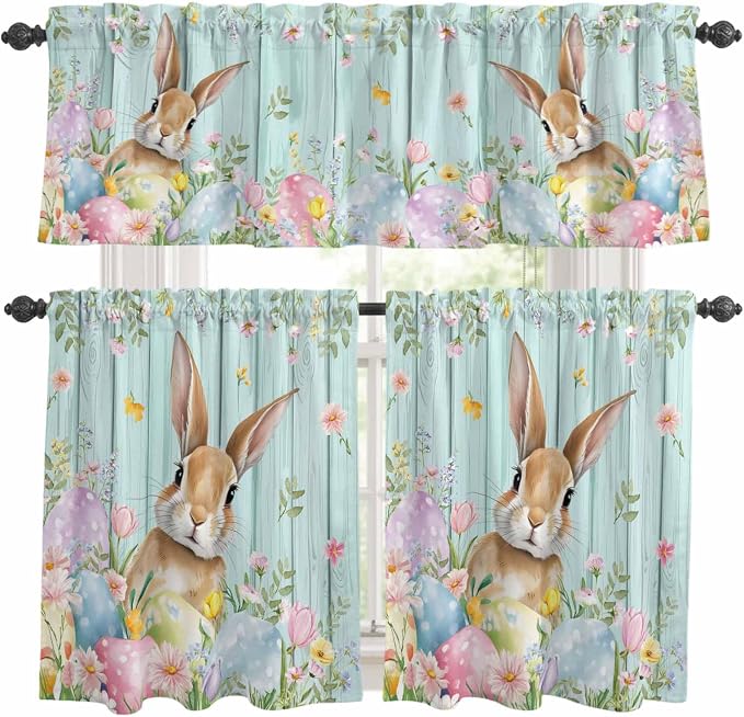Kitchen Curtains Tiers and Valance Set of 3, Easter Light Filtering Window