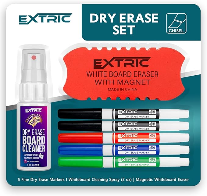 Dry Erase Markers Fine Tip Set, 5 Whiteboard Markers, Whiteboard Cleaner and Eraser, Low Odor Dry Erase Marker with Eraser, White Board Marker for Kids, School Supplies and Teachers