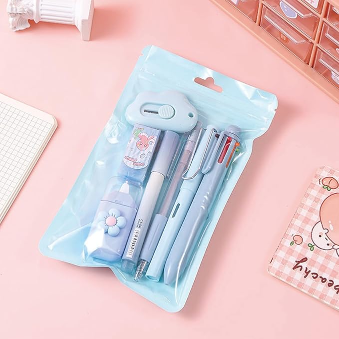 7 Pcs Cute Blue Stationery Set Kawaii School Supplies Office Supplies Including Ballpoint Pens Pencil Sharpener Highlighter Correction Tape Ruler Utility Knife (Blue)