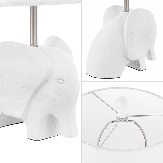 JONATHAN Y 17.5" White Elephant Kids Table Lamp, Whimsical Resin Bedside Lamp with White Linen Drum Shade for Bedroom Playroom Nursery, LED Bulb Included, UL Listed (JYL1143D)
