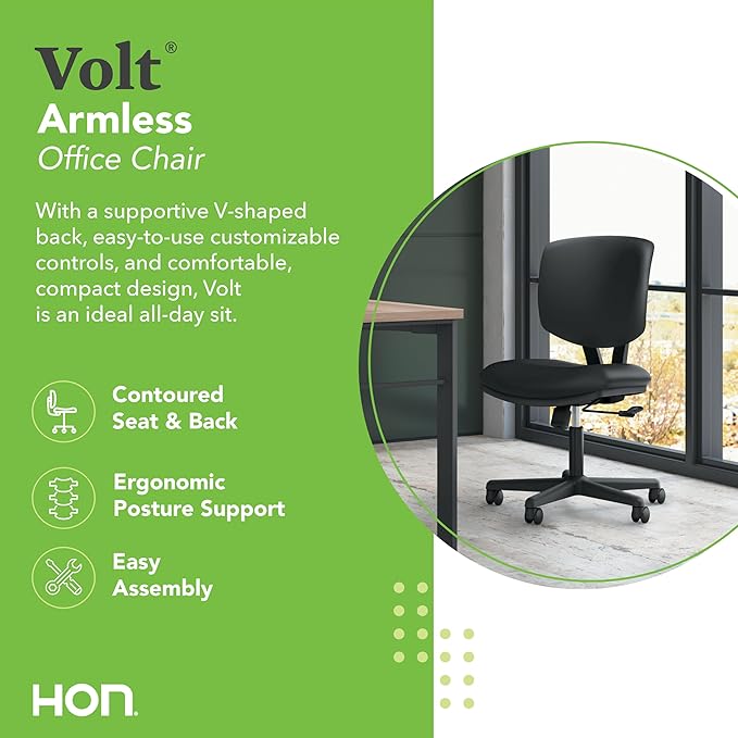 HON Volt Armless Chairs, Ergonomic Adjustable Center-Tilt Recline, Leather Back and Seat, Swivel Desk Chairs Ergonomic, Black