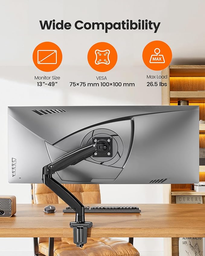 ErGear 13 to 49 inches Single Monitor Mount for Ultrawide Screens,Holds 26.5lbs,Heavy Duty Single Monitor Arm,Single Monitor Stand with Swivel,Tilt,Rotation for Home and Office,VESA 75/100mm