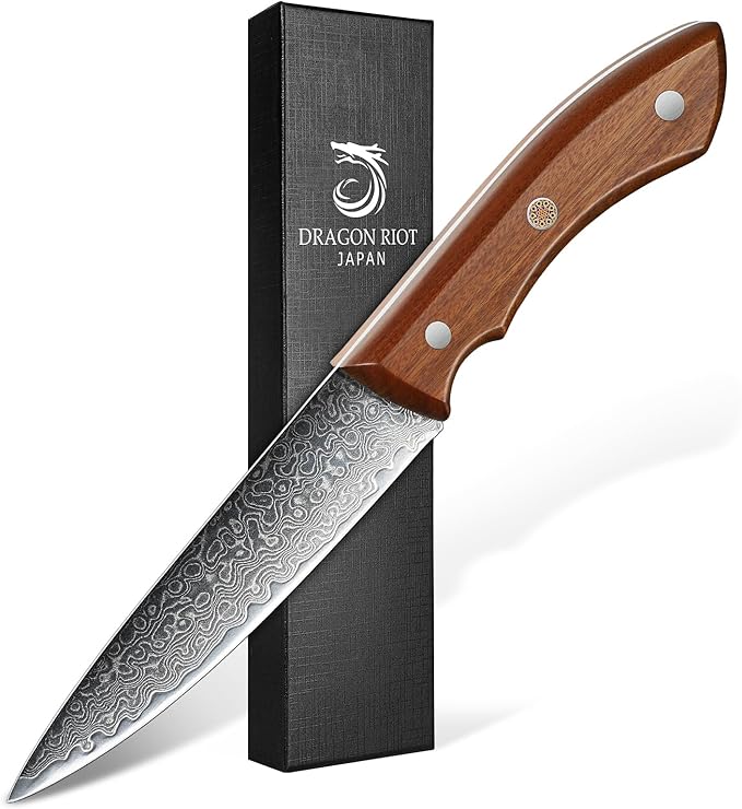 DRAGON RIOT 5 Inch Damascus Paring Knife, VG10 Steel, Ergonomic Wood Handle