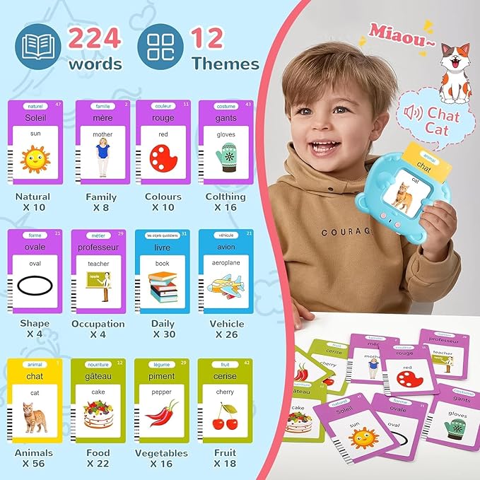 French & English Talking Flash Cards for Toddler, Learning Montessori Toys with 224 Sight Words, Speech Therapy Toys, Children's Sensory Preschool Learning Educational Birthday