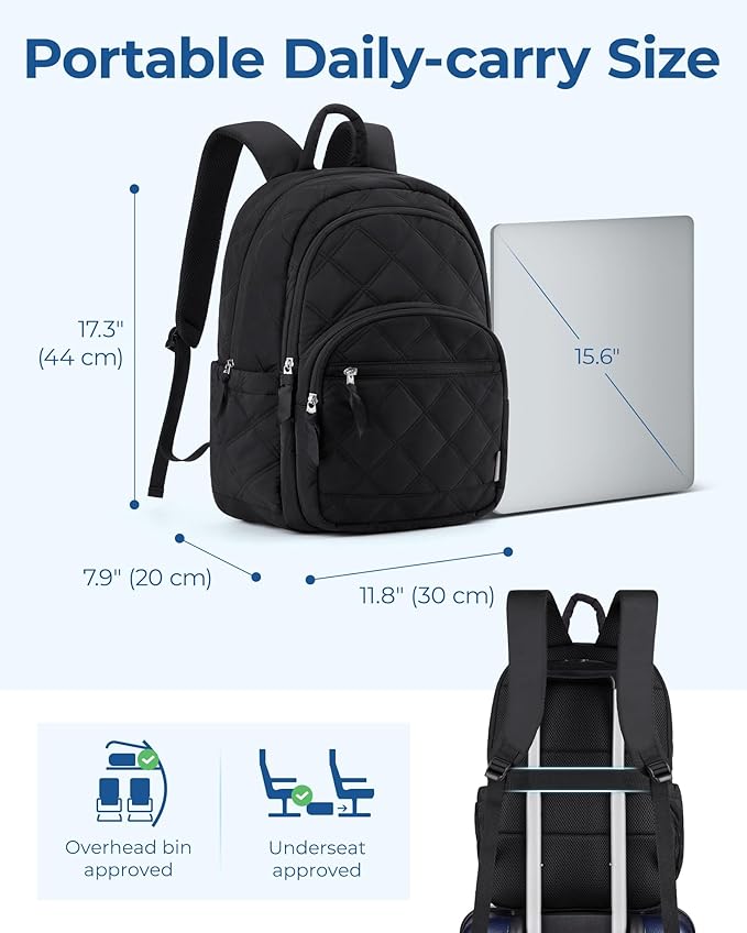 BAGSMART Travel Laptop Backpack, College Backpack for Women, Quilted Small Computer Bookbag, Water-Resistant 15.6 Inch Laptop Casual Bag, Black