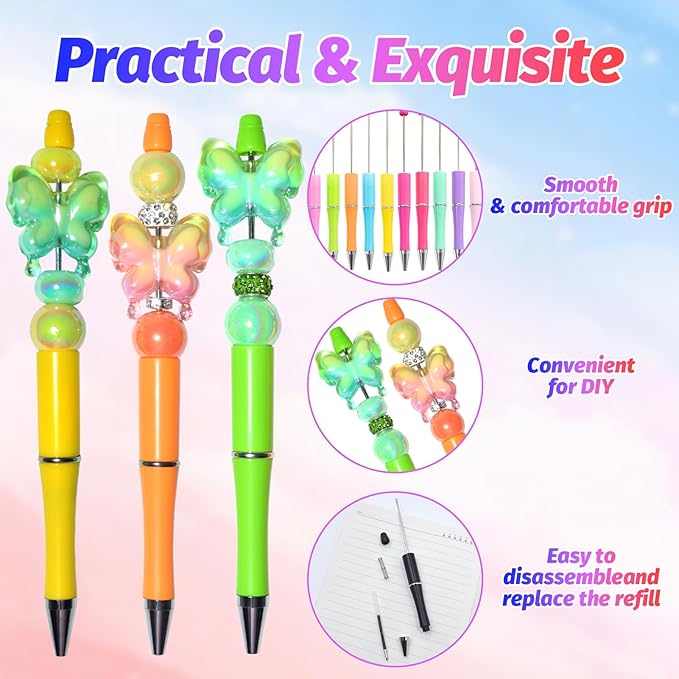 300 Pieces DIY Beadable Pen Kit – 100 Plastic Ballpoint Pens with Refills & Bags – School Supplies, Office Accessories & Decorative Items for Students & Teachers (Candy color)