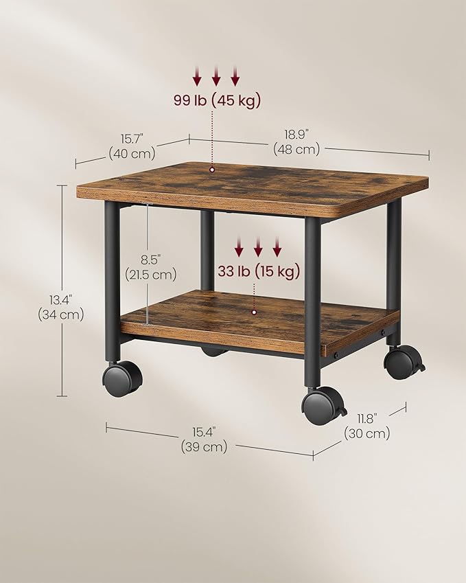 VASAGLE Heavy-Duty Printer Stand with Locking Wheels, 2-Tier Industrial Mobile Cart with Storage Shelf, Under Desk Printer Table for Home, Office, 13.4" Height, Rustic Brown and Black UOPS002B01
