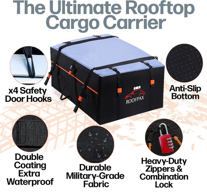 RoofPax XXL 28 cuft Car Rooftop Cargo Carrier Bag Extra Waterproof Car Roof Storage with 10 Heavy Duty Tie Down Straps and 4 Hooks Roof Bag Cargo Carrier for Top of Vehicle with/Without Rack