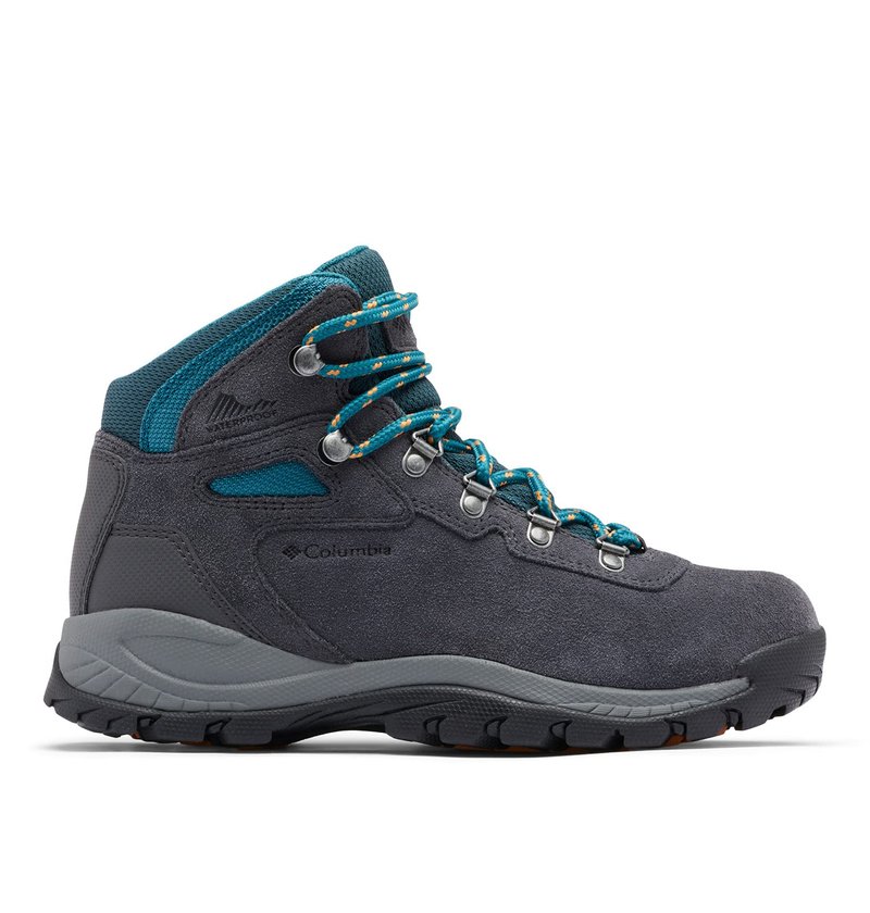 Columbia Womens Newton Ridge Plus Waterproof Amped, Shark/River Blue, 9 Wide