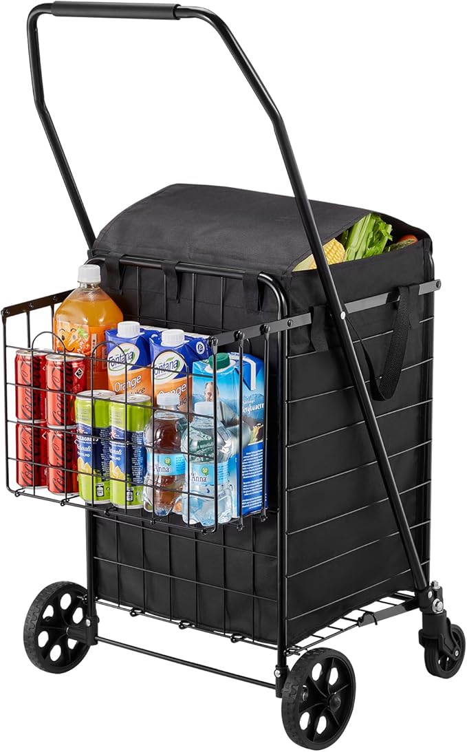 VEVOR Shopping Cart, Folding Grocery Utility Cart with Dual Baskets, Waterproof Liner & Wheels, 100 LBS Large Load Capacity, Heavy Duty Laundry Basket for Laundry, Shopping, Camping, Grocery, Luggage