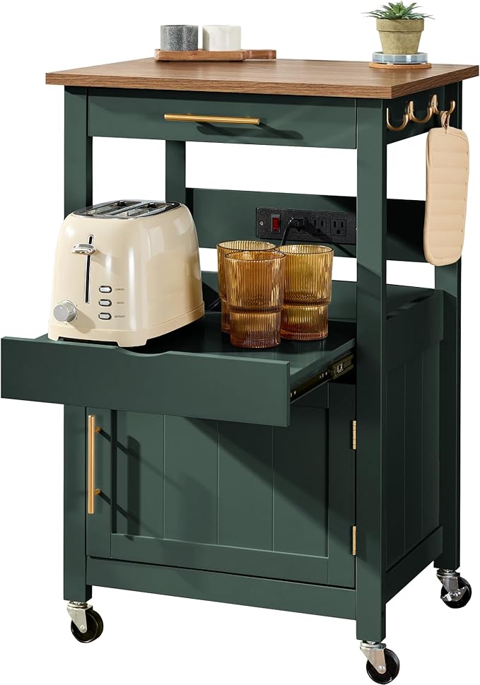 Best Choice Products Rolling Kitchen Island Cart, Single Door Cabinet W/Drawer, Sliding Tray, Outlet, Swivel Lockable Wheels, Hooks, Coffee Cart, Microwave Stand, for Dining Room - Forest Green