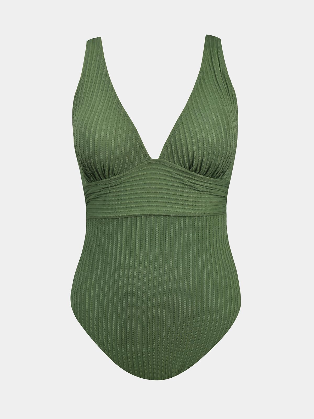 CUPSHE Women's One Piece Swimsuit Wide Straps V Neck Ruched Textured Ribbed Twist Back, M Pine Green