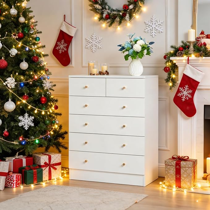 Karl home White 6 Drawer Dresser for Bedroom, Tall Dresser Chest of Drawers, Rustic Wood Bedroom Dressers Clothes Organizer, Anti-Tipping Device, Rose Gold Metal Handle, Living Room, Entryway, Office