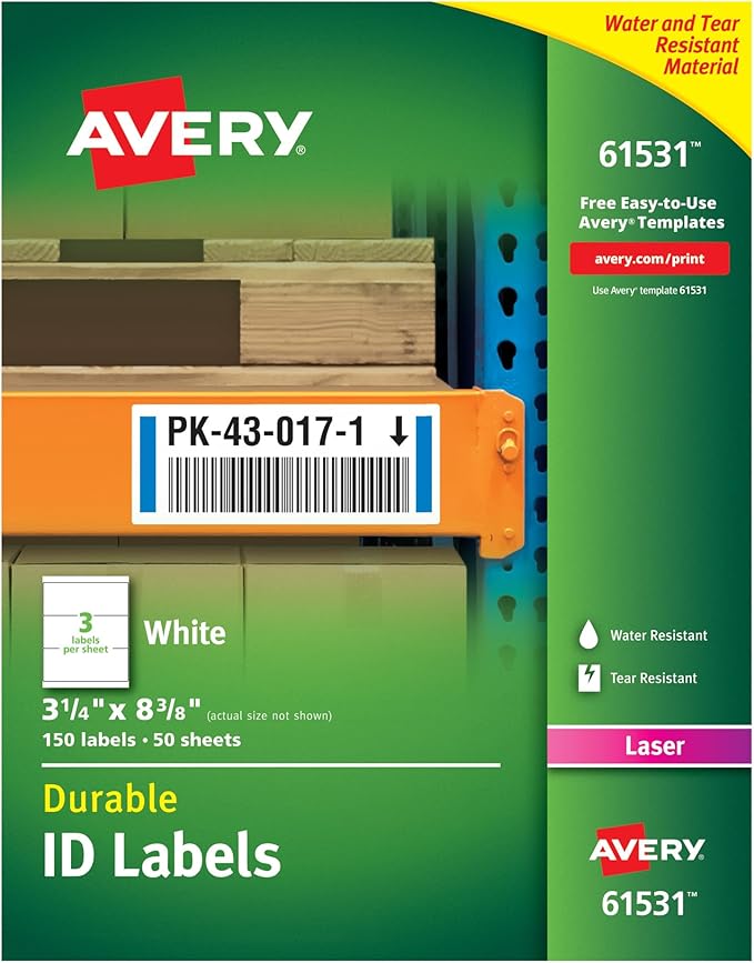 Avery Durable White Cover Up ID Labels for Laser Printers, 3.25 x 8.375, Pack of 150 (61531)