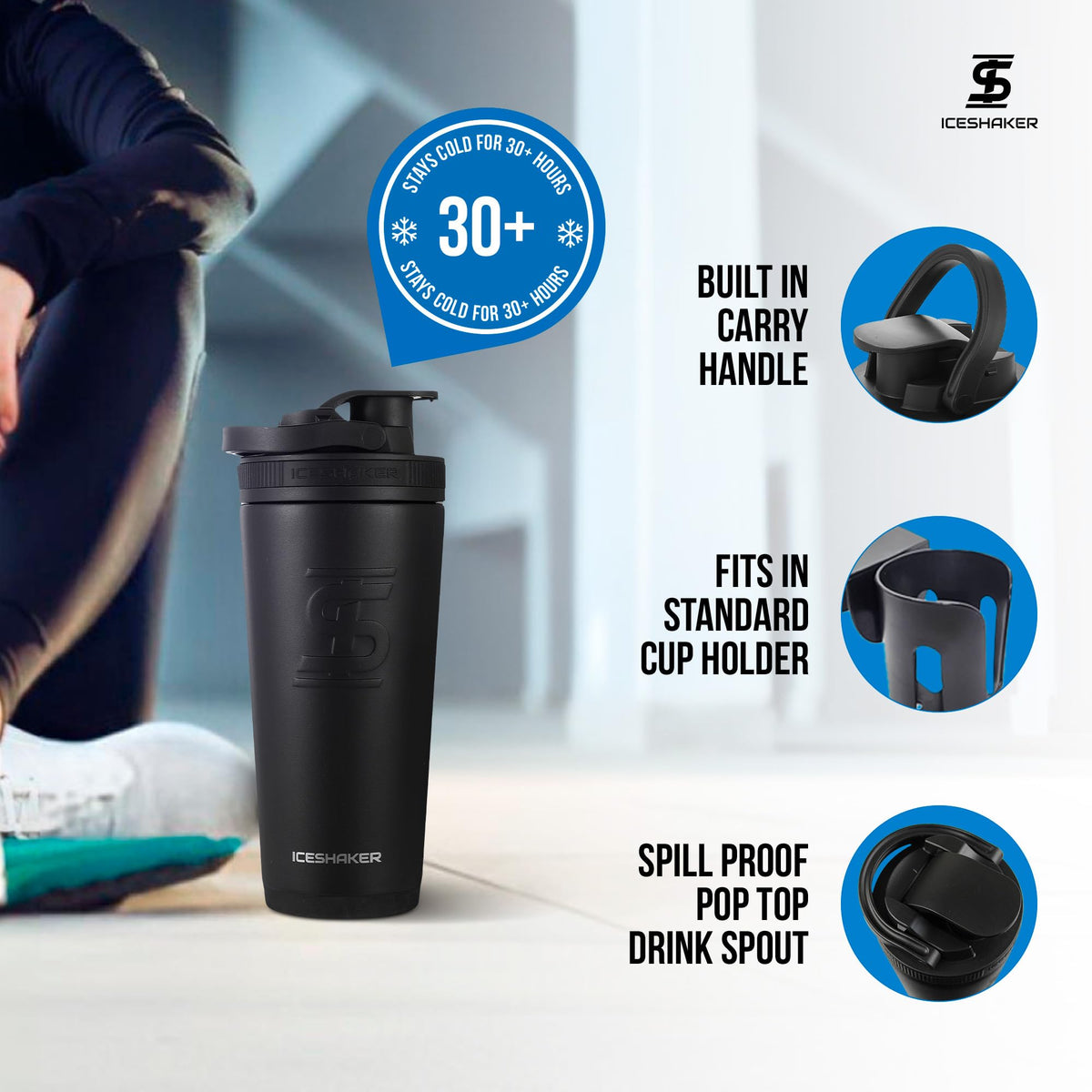 Ice Shaker Insulated Stainless Steel Shaker Bottle | 26oz, Black | Cold for 30+ Hours | Insulated Cup with Twist-on Agitator | Odor-Free Bottle for Protein Shakes, Water, Smoothies, Cocktails