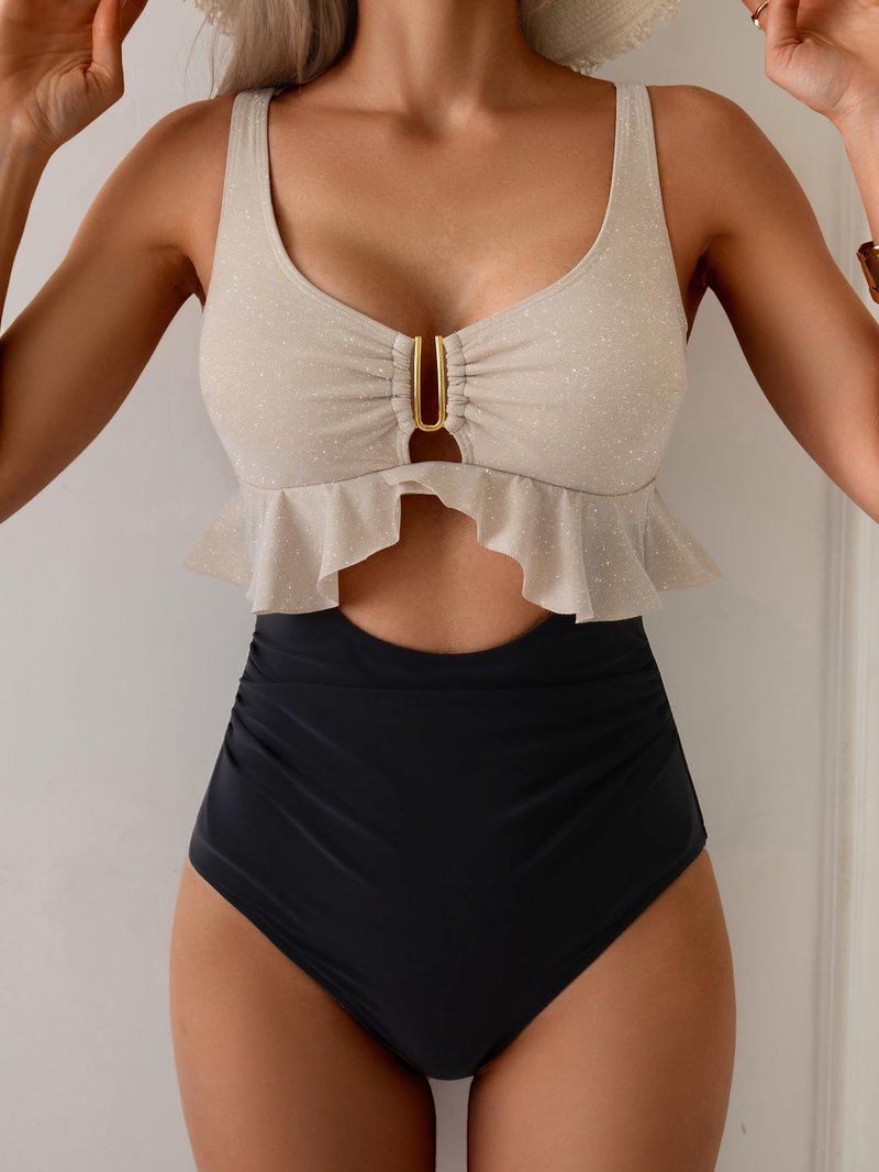 B2prity Womens One Piece Swimsuit Tummy Control Ruffled Bathing Suit V Neck Cutout Swim Suit Tie Back Swimwear