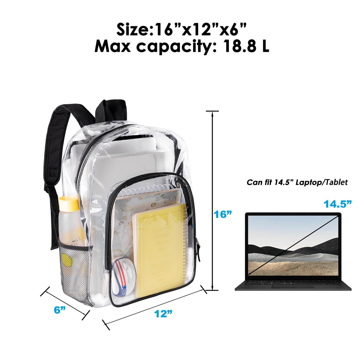 Clear Backpack Heavy Duty PVC School Bookbag for Girls Boys - See Through Transparent Backpack with Reinforced Straps for Work Travel Security Adults