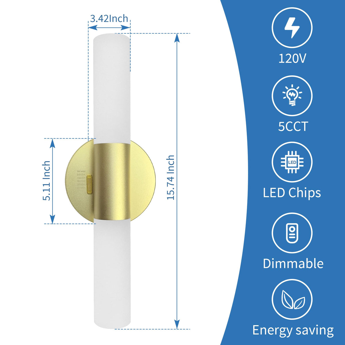 Jolux LED Bathroom Vanity Lights for Mirror,16W 1000LM Dimmable Wall Sconce with 5CCT (2700K-5000K) & Wall Switch,Gold Modern Light Fixture for Bathroom Mirror Lighting.