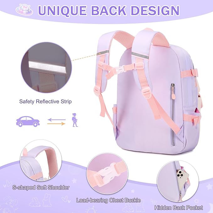 Girls Backpack Set, 3PCS Kids Backpack for Girls, Kawaii Bunny School Backpacks for Girl Kindergarten Elementary Preschool Middle School Bags with Lunch Box Pencil Case Purple