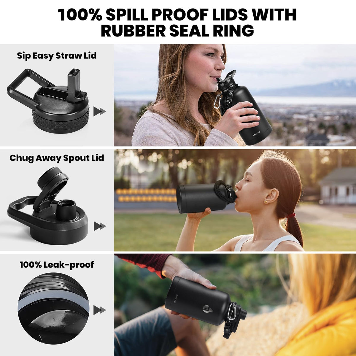 RAYMYLO Insulated Water Bottle 64 oz, Triple Wall Vacuum Stainless Steel (Cold for 48 Hrs), Leak Proof & Non-BPA, Half Gallon Water Flask Jug with Paracord Handle & Straw Spout Lids, Magic Black