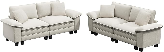 L-Shaped Cloud Modular Sofa Set, 4-Piece Double Loveseat Sectional w/Deep Seat & Removable Arms, Plush Chenille for Living Room - Beige