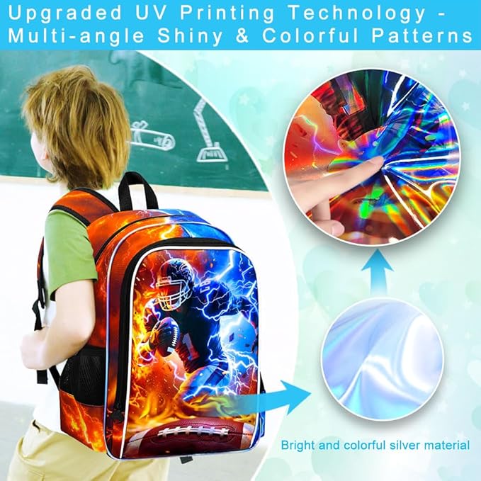 gxtvo 3PCS Rugby School Backpack for Boys, 17" Kids Bookbag with Lunch Box, Water Resistant Middle Elementary - Fire & Lightning Rugby Player