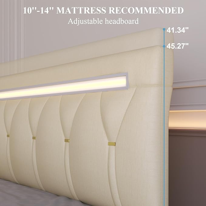 Full Size Bed Frame with Bluetooth Speaker, LED Lights and Charging Station, Faux Leather Linen Fabric Adjustable Headboard,Modern Upholstered Bed, Wood Slat Support, Easy Assemble, Beige