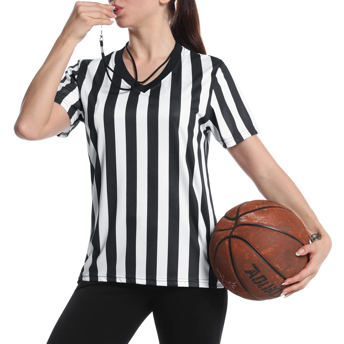 Women's Official Referee Shirt Black & White Stripe Ref Umpire Jersey Short Sleeve for Basketball Football Hockey V-Neck L