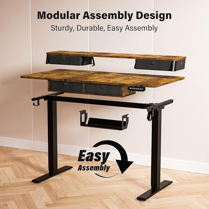Electric Standing Desk with 4 Drawers 48''x 24'' Adjustable Height Sit to Stand Up Desk with Storage Shelf, C-Clamp Mount Compatible Black Home Office Desks Computer Gaming Table Ergonomic Workstation