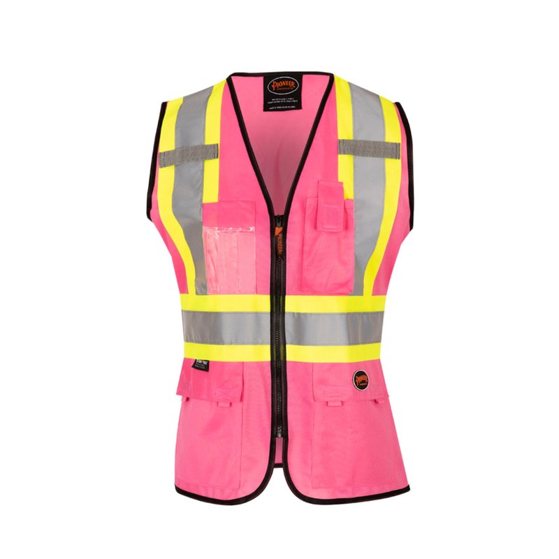 Pioneer Safety Vest for Women With Pockets - Hi-Vis Class 1, Reflective Tape - For Construction - Pink