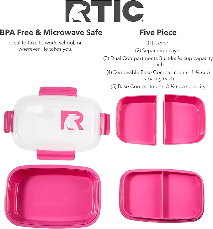 RTIC 5 Compartment Lunch Containers, Hot Food Container with Lid for Adults, Microwave Safe Divided Snack Lunch Box for Work or Travel, Reusable, BPA Free with Vent Space