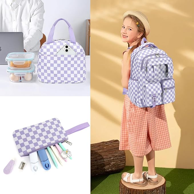 Girls School Backpack Set - Teens Kids School Bag Bookbag with Lunch Box Pencil Case for Elementary Middle School (Checkered Purple)