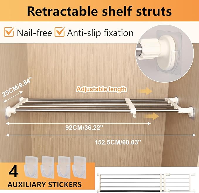BAOYOUNI Expandable Closet Tension Shelf Adjustable Clothes Storage Rack Hanger Rod Organiser Ivory, 39.76-60.04 Inch