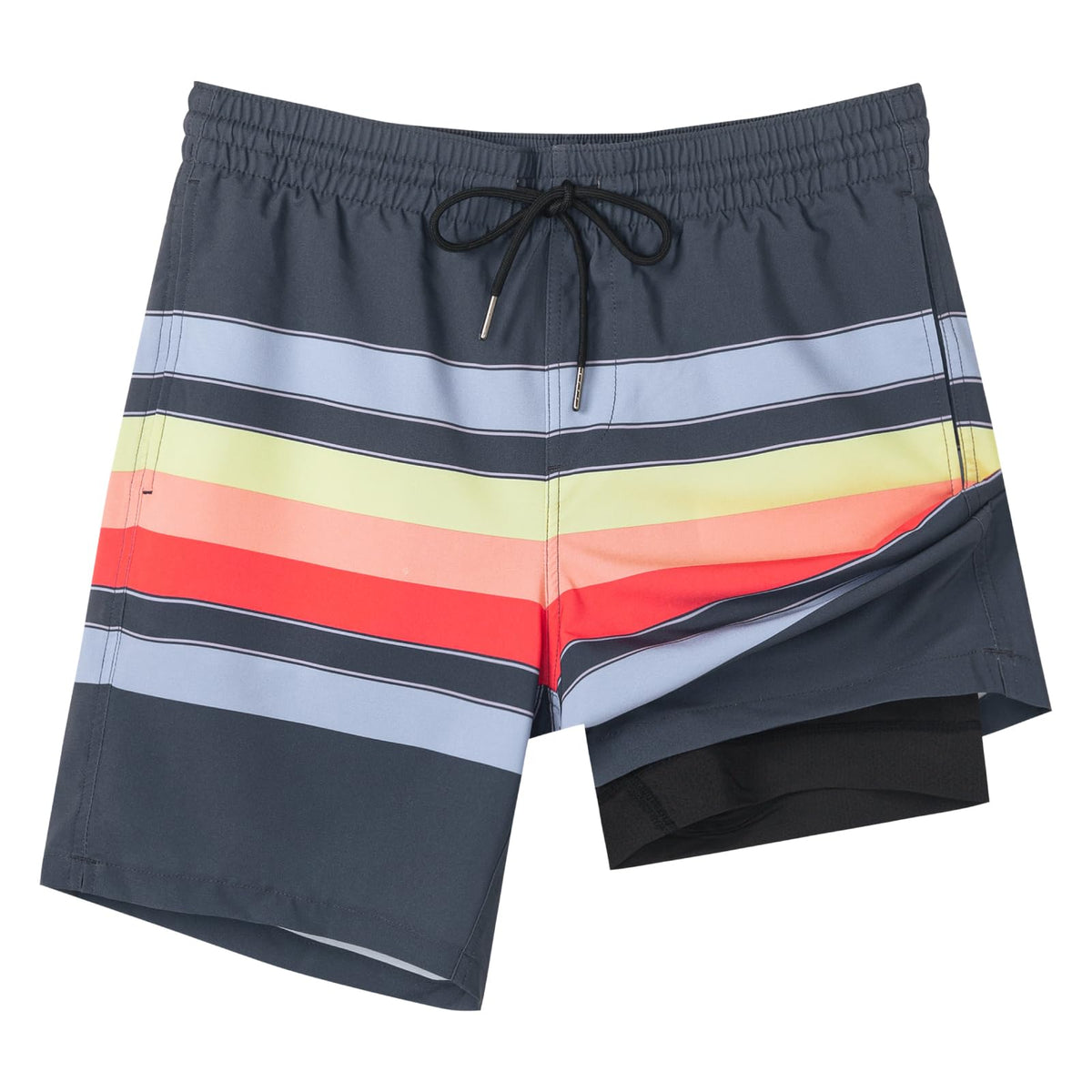 SURF CUZ Mens Swim Trunks with Compression Liner Quick Dry Swim Shorts 7" Swimming Trunks Stretch Bathing Suit 7 Inch,Sunset Stripes,L