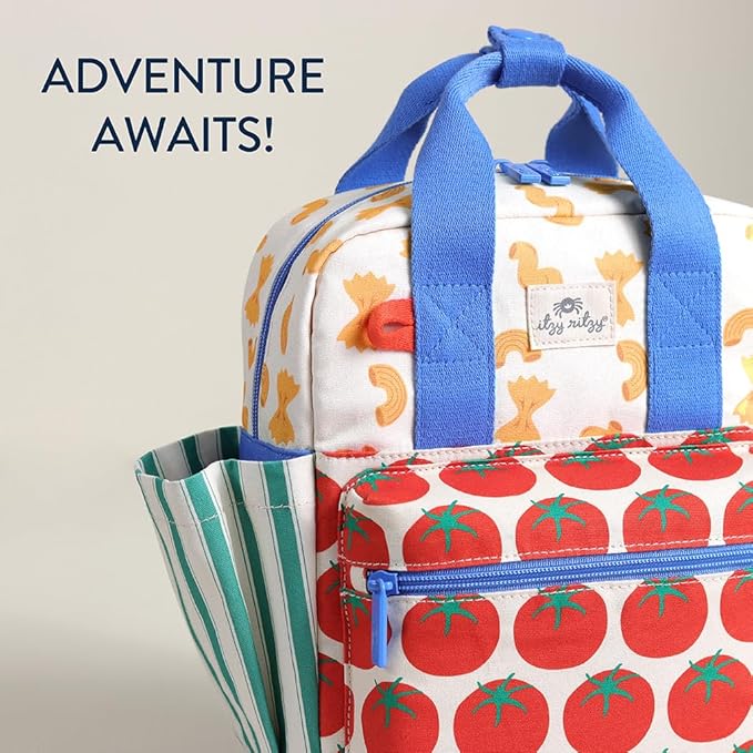 Itzy Ritzy Toddler Backpack - Daycare Bag - Features Adjustable Shoulder Straps, 2 Side Pockets & Spacious Interior with Wipeable Fabric Lining & Name Label, Pasta