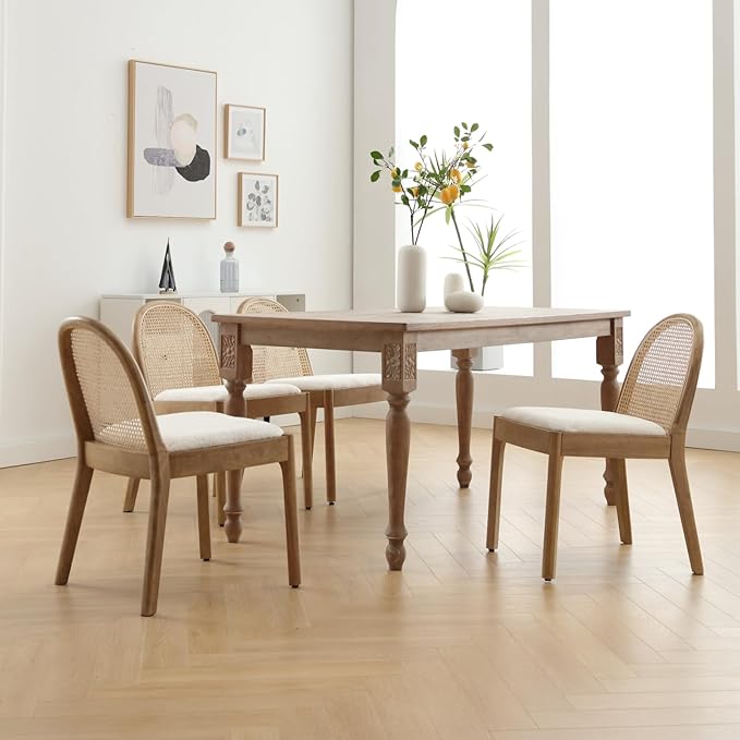 HEAH-YO Rattan Dining Chairs Set of 2, Upholstered Sherpa Dining Room Chairs with Backrests, Modern Kitchen Chairs with Wood Legs for Dining Room, White