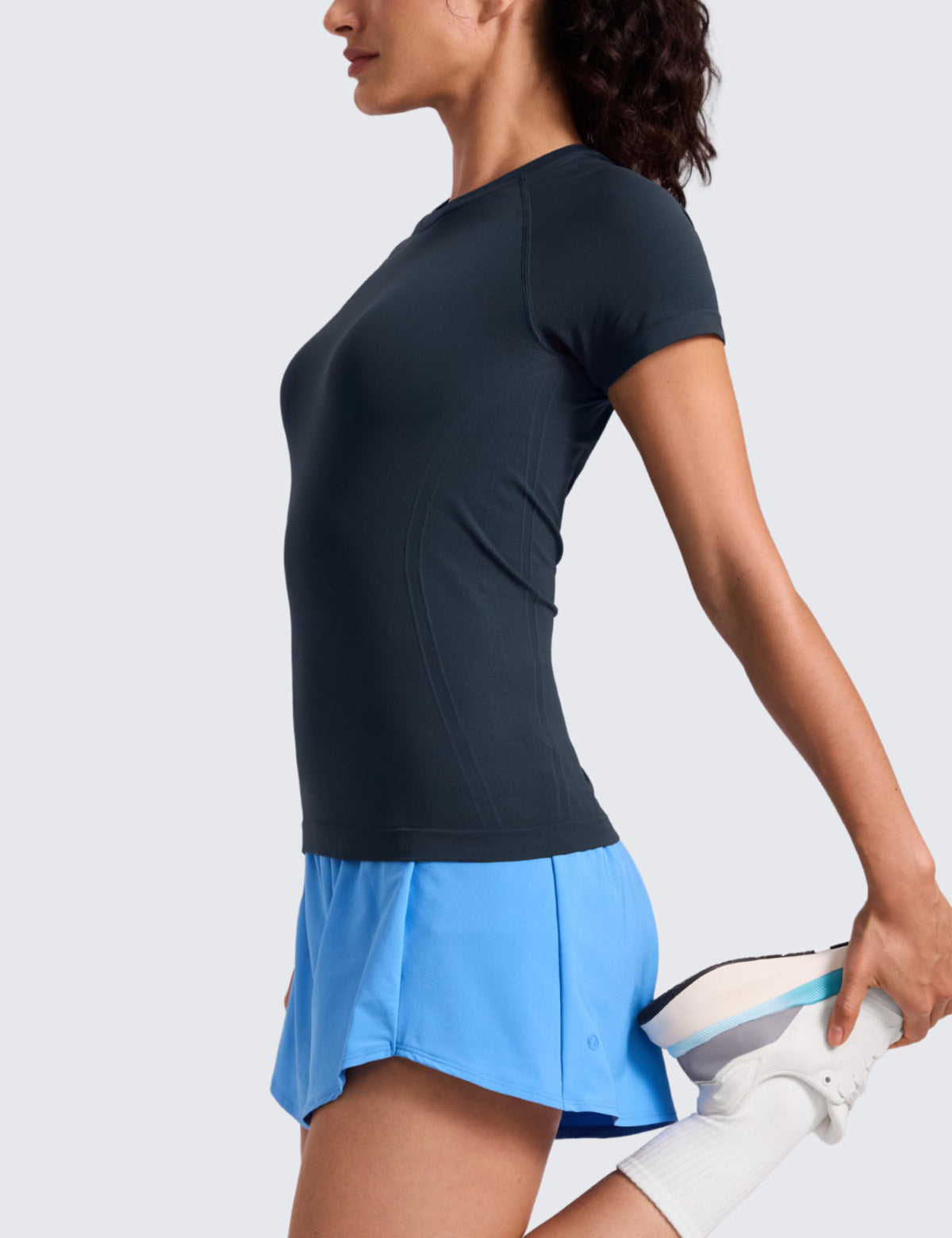 CRZ YOGA Seamless Workout Tops for Women Hip Length - Athletic Running Gym Yoga Short Sleeve Shirts Breathable Crewneck Tees Twilight Blue X-Large