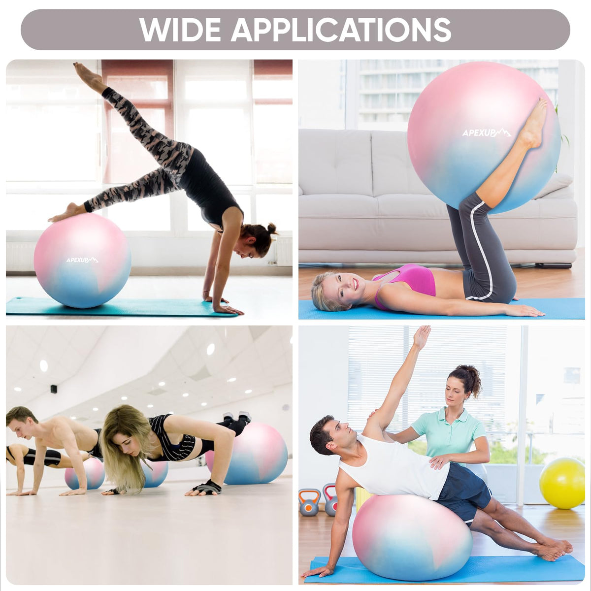 APEXUP Yoga Ball, 660 lbs Anti-Burst Exercise Ball with Pump, 5 Sizes (XL(27"~30") 75cm, Blue Pink)