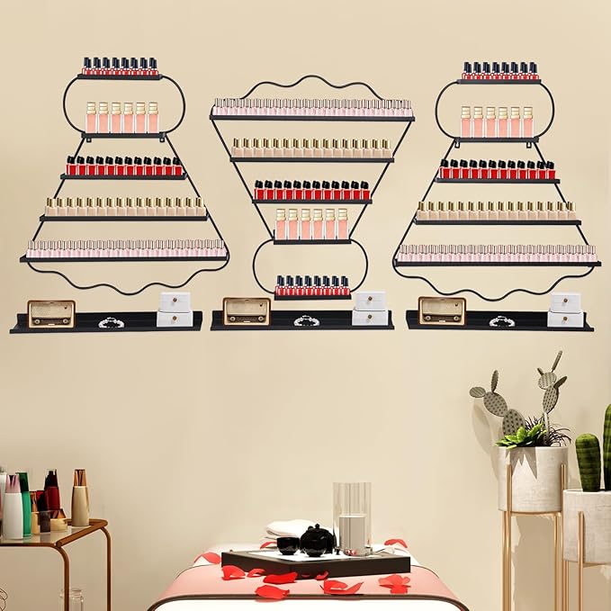 Metal Wall Mounted Nail Polish Racks Display Rack Cosmetic Display Case Lipstick Perfume Wall Shelf Essential Oil Organizer for Nail Polish Bottles Spa Nail Salon Shop (Black)