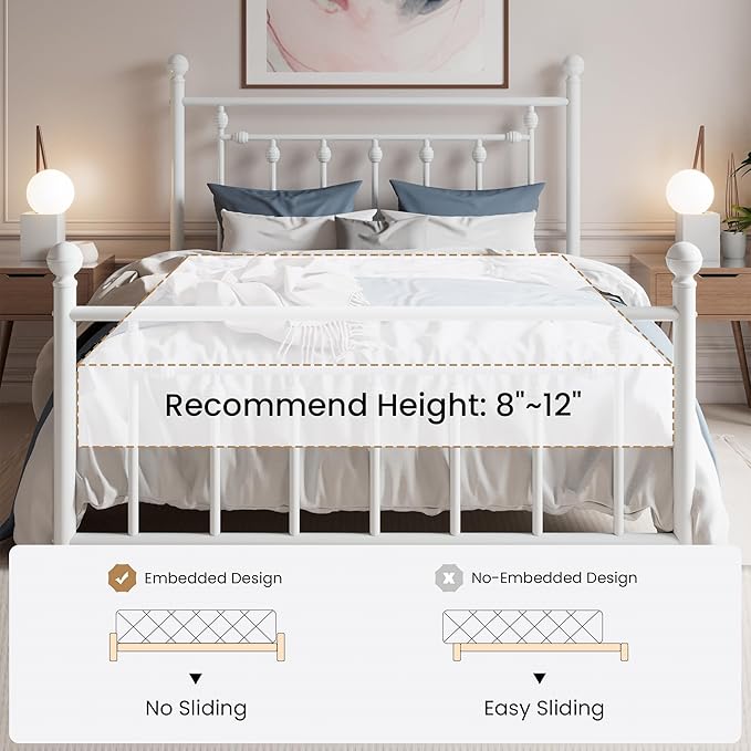 SHA CERLIN 14'' Queen Size Metal Platform Bed Frame/Victorian Headboard and Footboard/Steel Slats Mattress Foundation for Storage/No Box Spring Needed/Noise Free/White