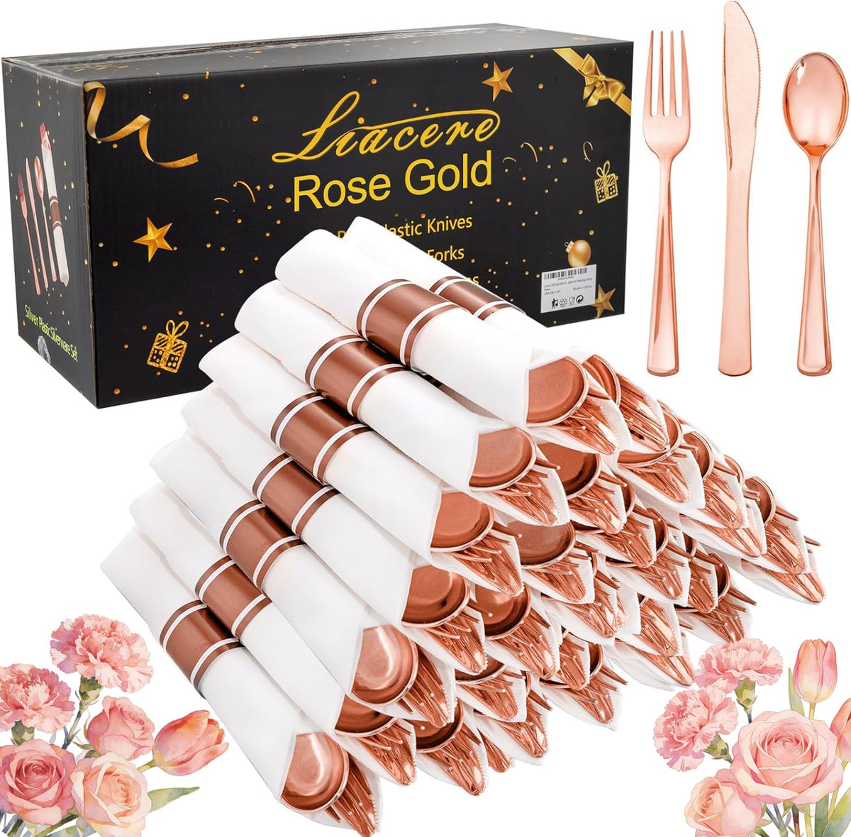 Liacere 400PCS Silver Plastic Silverware - Pre Rolled Napkins Disposable Silver Cutlery-Premium Quality Gold Plastic Utensils - Includes 100Forks,100Knives,100Spoons,100Napkins For Wedding & Party