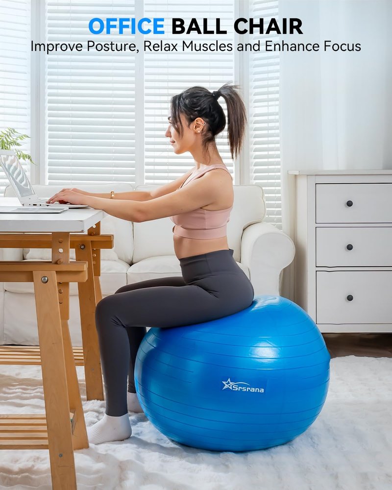 Srsrana Exercise Ball - Anti-Burst Yoga Ball for Pilates, Pregnancy & Core Stability - Ergonomic Office Desk Ball Chair & Physical Therapy Equipment, Quick Pump Included