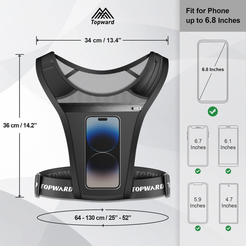 Topward Running Vest Phone Holder for Men Women, Waterproof Cell Phone & Key Pouch, Reflective Hydration Vest Train Free Workout Gear - Lightweight, Breathable Mesh Pockets - Adjustable Waistband