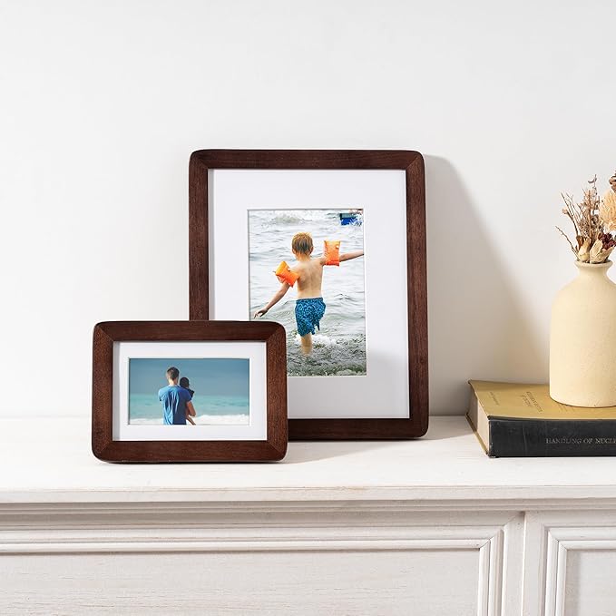 8x10 Picture Frame - Solid Walnut Wood 8 x 10 Photo Frame, 8''x10'' Frame With Mat For 5x7, Tabletop and Wall Display, Hanging Hardware Included, 8 By 10 Picture Frame Wood, Natural Walnut