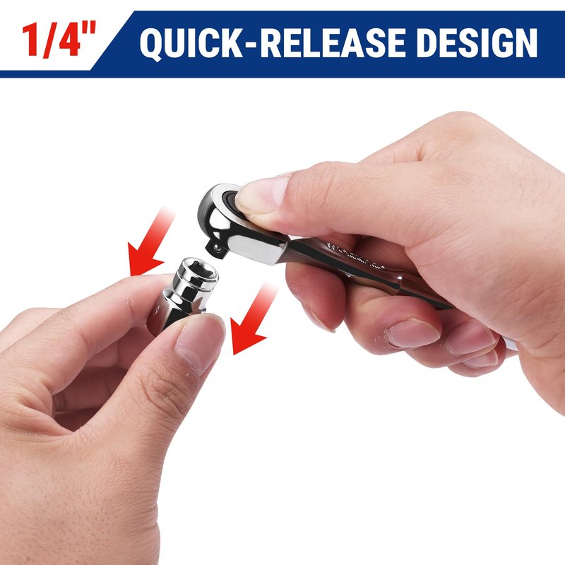WORKPRO Low-Profile 1/4-Inch Drive Ratchet, 90-Tooth Quick-Release Ratchet Wrench, Reversible, 4° Swing, CR-MO Compact Drive Head, Full Polished, Gifts for Men