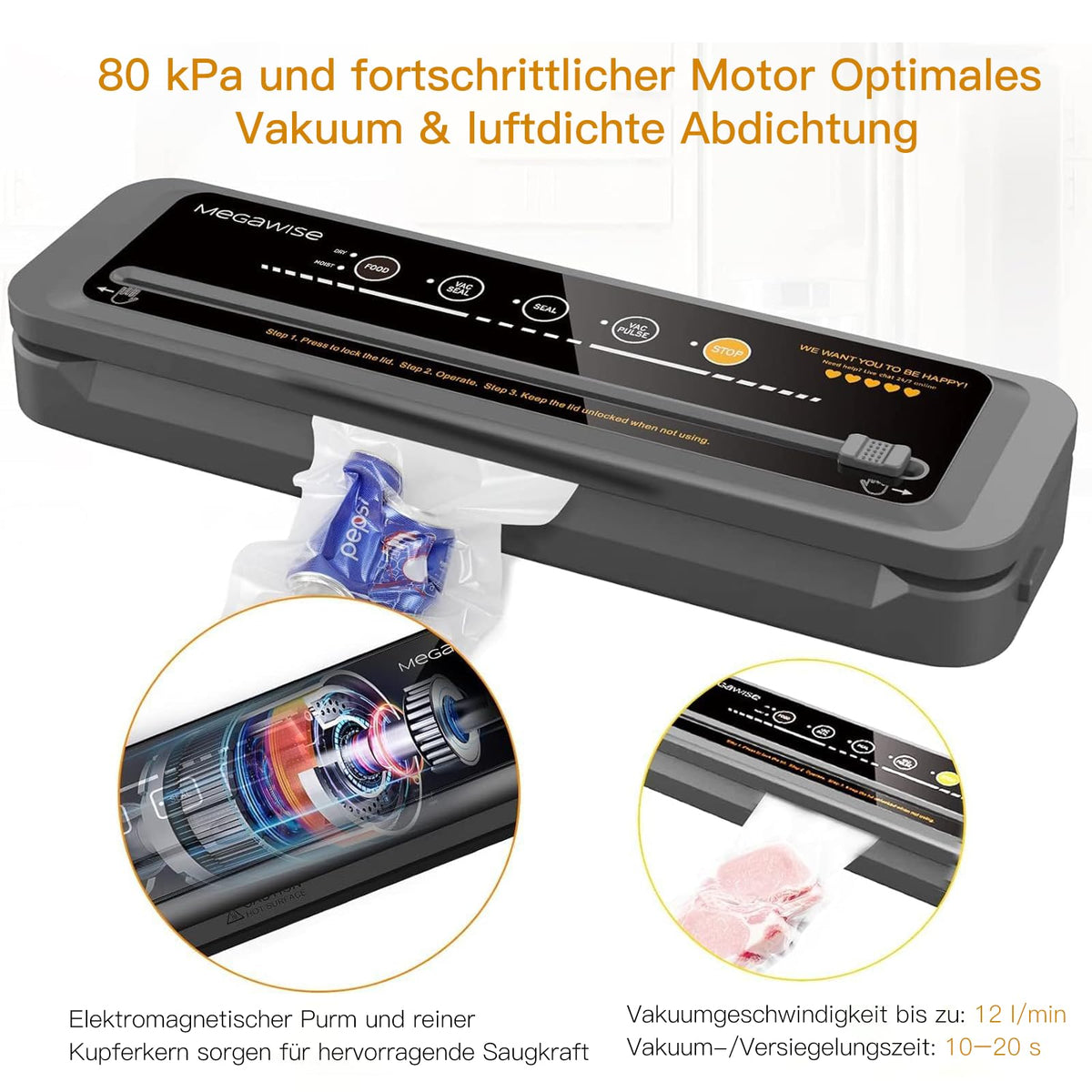 MegaWise Food Vacuum Sealer Machine – High-Power 80kPa Suction, One-Touch Operation, Built-in Cutter – Works with All Food Types, Includes Bags & Hose (Black), Keeps Food Fresh 5x Longer