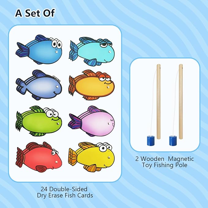 Magnetic Fishing Game, 24 Dry Erase Fish and 2 Wooden Toy Fishing Pole Sight Word Games Educational Toys for Kids, Kindergarten & Family