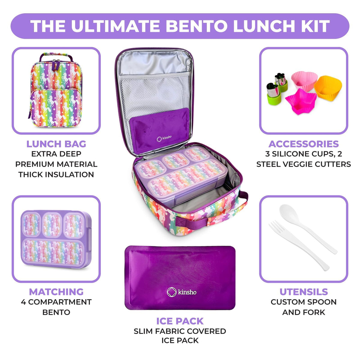 kinsho Bento Lunch Box with Insulated Bag, Ice Pack and Accessories for Girls. Snack Containers with 4 Compartment Dividers for Toddlers Pre-School Daycare BPA Free Set, Utensils, Rainbow Unicorn