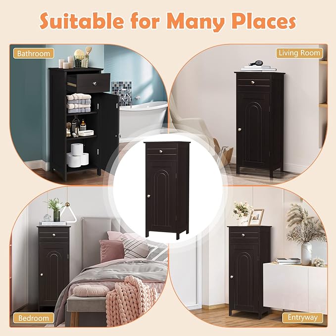 COSTWAY Bathroom Storage Cabinet, Single Door Floor Cabinet with Drawer and 3-Level Adjustable Shelves, Modern Side Storage Organizer with Anti-Tipping Device for Living Room, Bedroom (Brown)