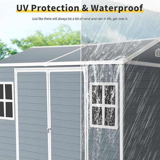 8x6 FT Outdoor Storage Resin Shed with Floor, Plastic Garden Tool Shed with Sloped Roof, Lockable Door & Windows, Easy to Assemble Bike Shed for Lawn, Backyard, Patio, Grey